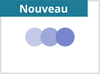 Un badge en haut à gauche avec le mot nouveau. Trois points horizontaux légèrement superposés dans des tons de bleu successivement foncés.